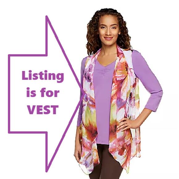 Susan Graver Vest Womens 1X Chiffon Floral or Swim Cover-Up Pink Floral Whimsy - Picture 1 of 12